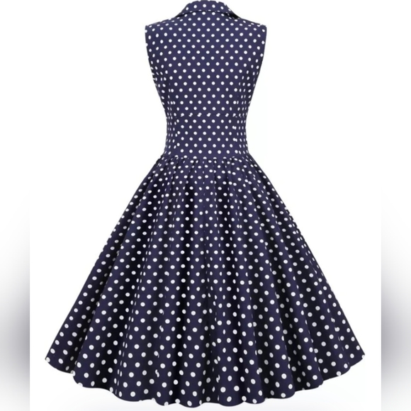 Navy blue with white polka dots pin-up retro dress Size M - Picture 7 of 8